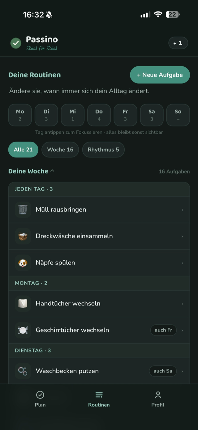 Der Routinen-Tab mit Wochen-Streifen: sieben Tages-Kacheln zeigen, wie sich die Aufgaben über die Woche verteilen.