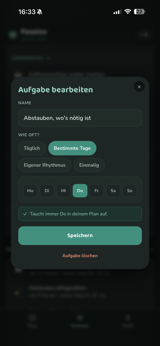 Das Bearbeiten-Blatt einer Aufgabe: Name, „Wie oft?